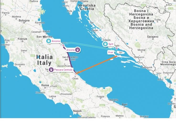 Routes from Italy to Split and Hvar